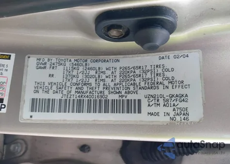 2004 Toyota 4Runner Sr5 V8 from USA, damaged, VIN JTEZT14RX40016902